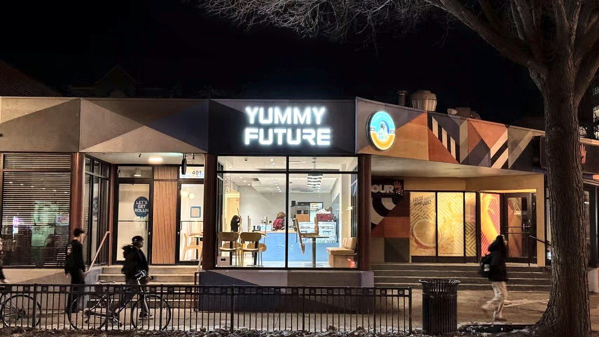 Yummy Future Matcha House storefront at night on Green Street, sign lit